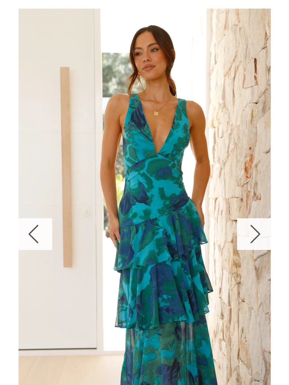 Billy J Sachiko maxi dress: V-neck, ruffle, cross-back detail. Size 10, NWT.
